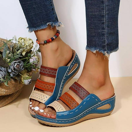

Jacenvly 2024 New Women s Ladies Platform Colorblock Casual Roman Slippers Wedge Corrective Sandals Blue Sandals for Women Clearance