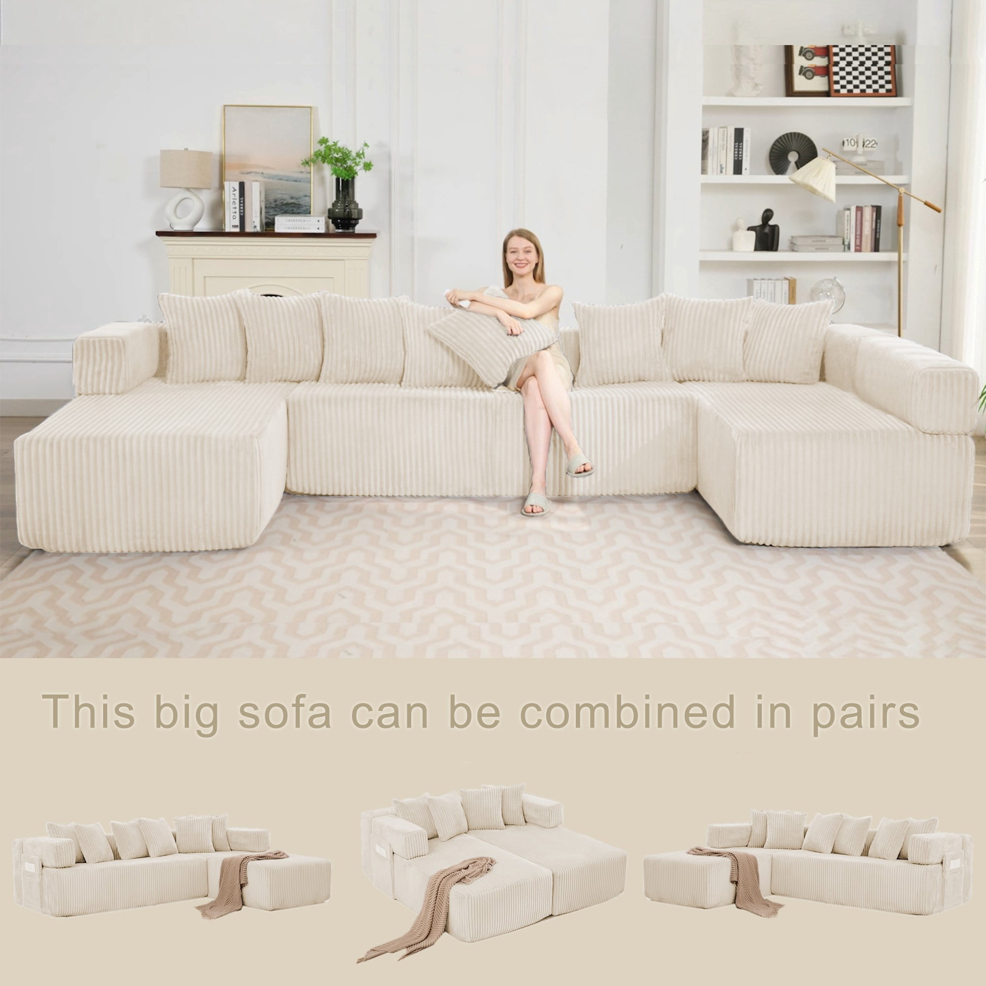 LLappuil 146" Sectional Sofa, U Shaped Sectional Couch with Chaise, 5 Seat Corduroy Sofa Convertible Sleeper Sofa Bed for Living Room Beige