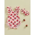 thumbnail image 3 of Yunliwuli Baby Girls Romper Bodysuit and Headband Strawberry/Flower/Cherry Print Fly Sleeve Frills Infant Jumpsuit Summer Clothes, 3 of 9