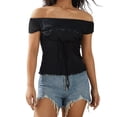 thumbnail image 1 of Txlixc Blusa de crochet de flores de encaje para mujeres, camiseta de cuerda de pecho bajo con mangas de sombrero y ropa de hombro desnudo para mujeres Txlixc moda, 1 of 9