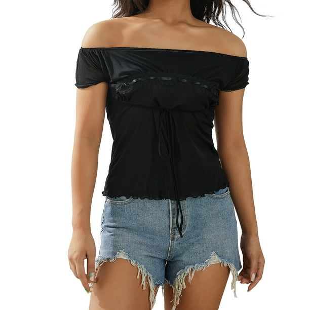 Txlixc Blusa de crochet de flores de encaje para mujeres, camiseta de cuerda de pecho bajo con mangas de sombrero y ropa de hombro desnudo para mujeres Txlixc moda