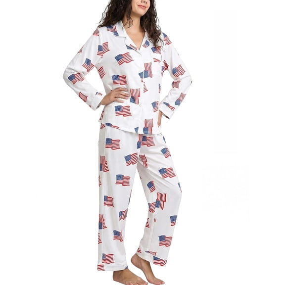 BOOMNY Independence Day Womens Pajamas Set Long Sleeve July 4Th Pjs Tops Pants Sleepwewar Pyjamas Patriotic Star Striped Graphic Soft Cozy Homewear Loungewear Sets