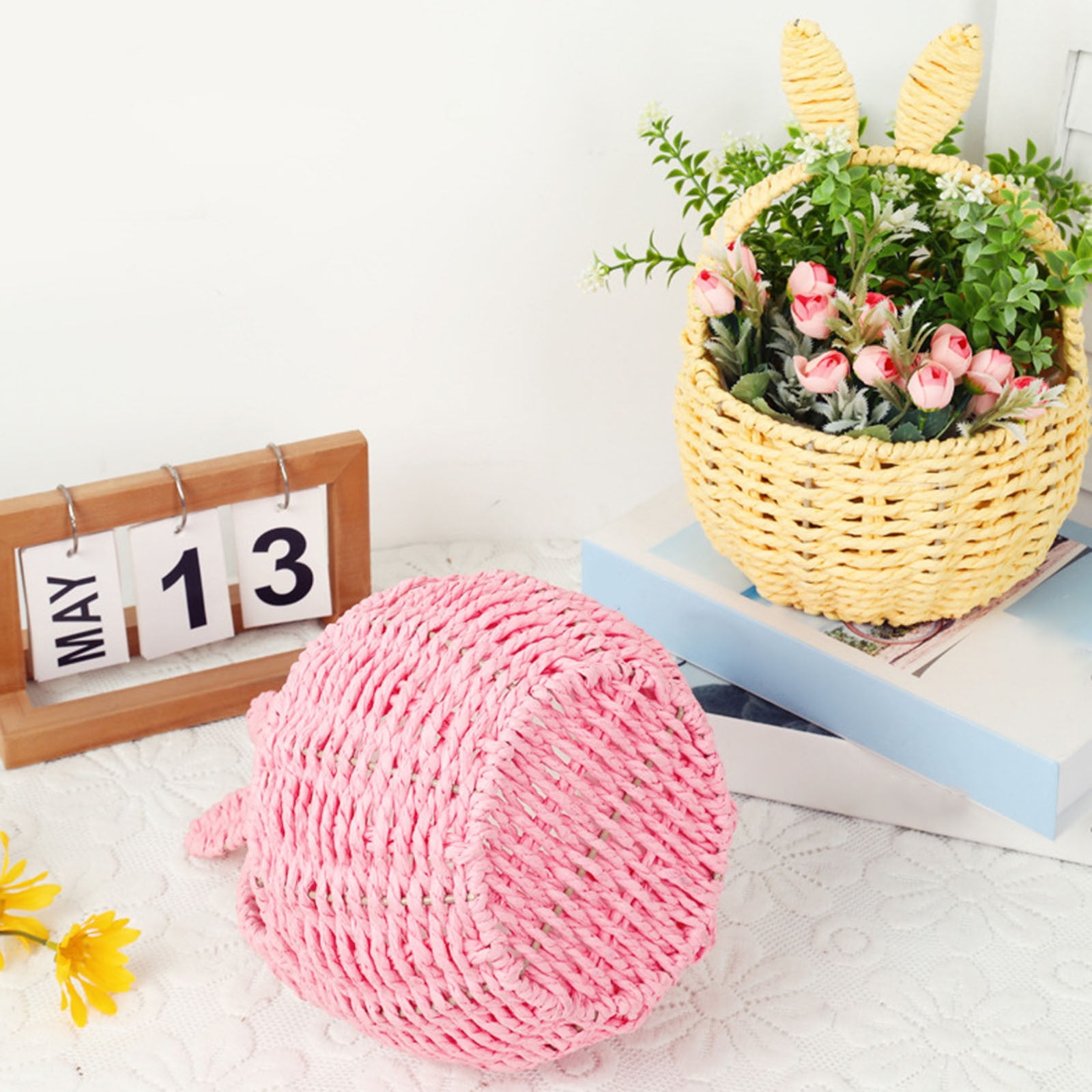 Basket with Handle for Party Favors, Easter Bunny Woven Basket, Handmade Straw Wicker Easter Candy Eggs Baskets for Kids Cute Rabbit Picnic Hamper for Egg Party Gifts Toy Storage