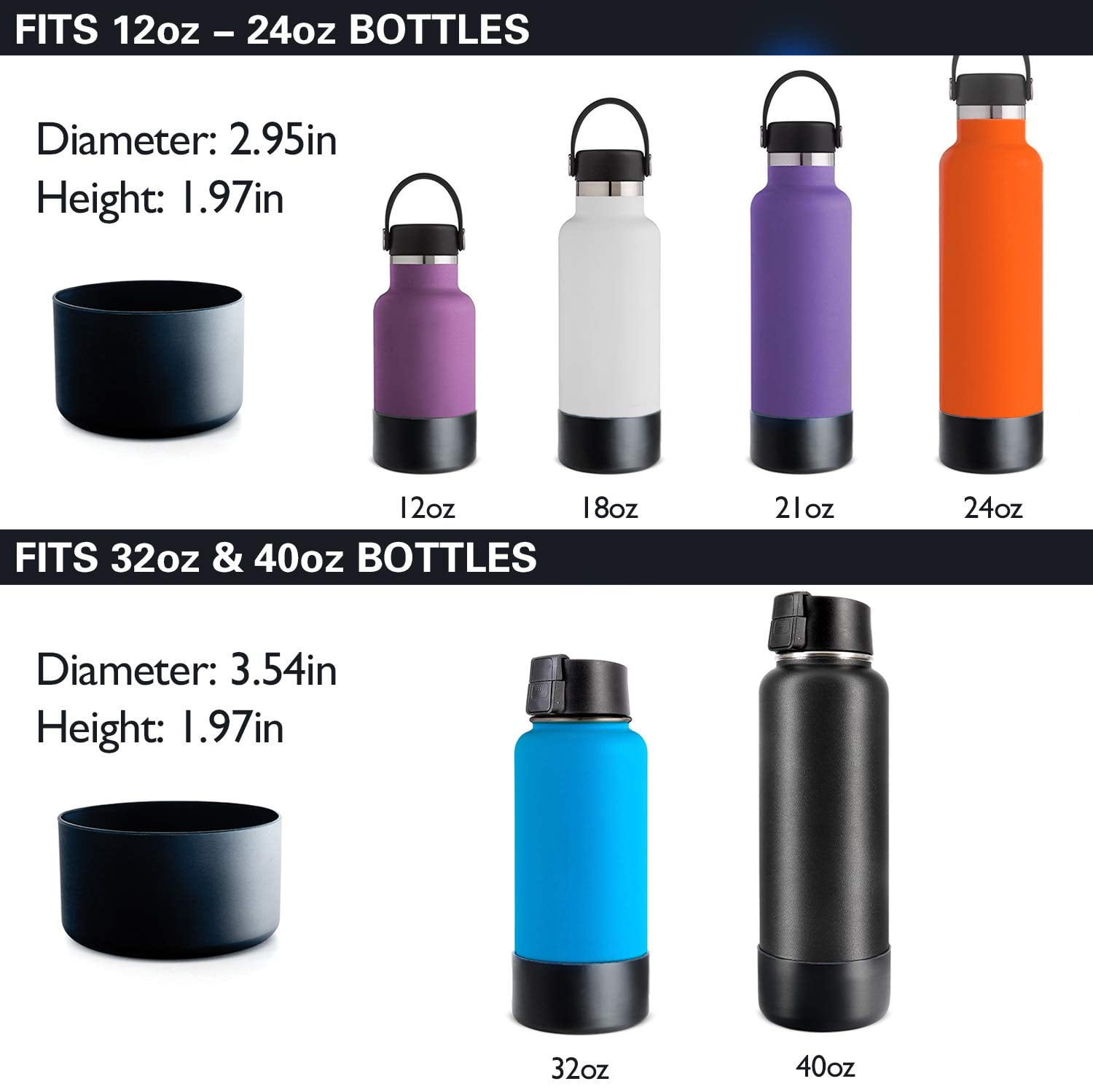 Protective Silicone Bottle Boot/Sleeve Hydro Flask Anti-Slip Bottom Cover  Hot US[12 to 24 oz,Black]