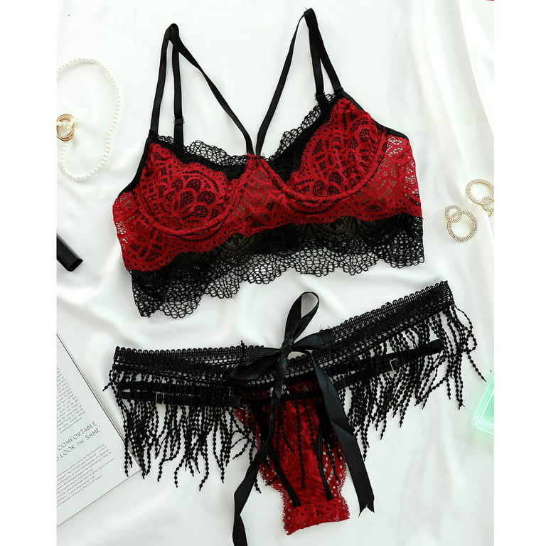 Christmas Lace Black Lace Bra Set With Tassel Detail Erotic
