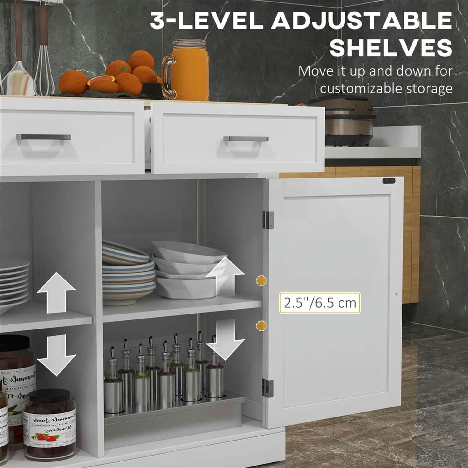 Demi Bonn 41" Rolling Kitchen Island with Drop Leaf, 2 Drawers, Wood Breakfast Bar, Adjustable Shelves for Dining Room Addition, White