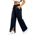 thumbnail image 4 of Women's Wide Leg Sweatpants Drawstring Elastic Waist Straight Leg Pants with Pockets Side Slit Loose Fit Casual Athletic Lounge Trousers, 4 of 9