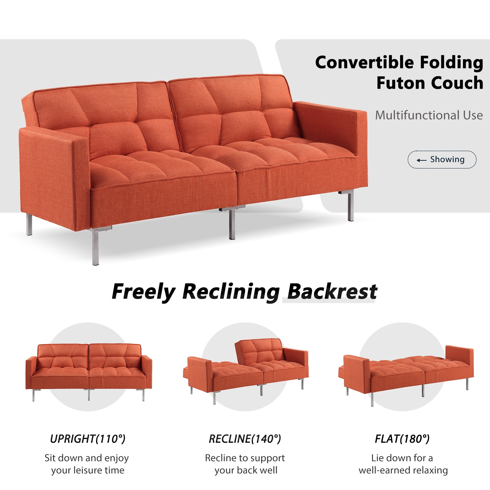 Aukfa 76" Futon Convertible Sofa Bed, 2 Seater Arm Couch for Home Office, 2 Pillows, Linen, Orange