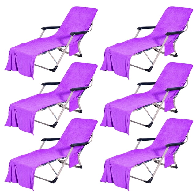 Muka 6 PCS Microfiber Terry Cloth Beach Pool Lounge Chair Cover Convenient Pocket, 29" x 83"-Purple