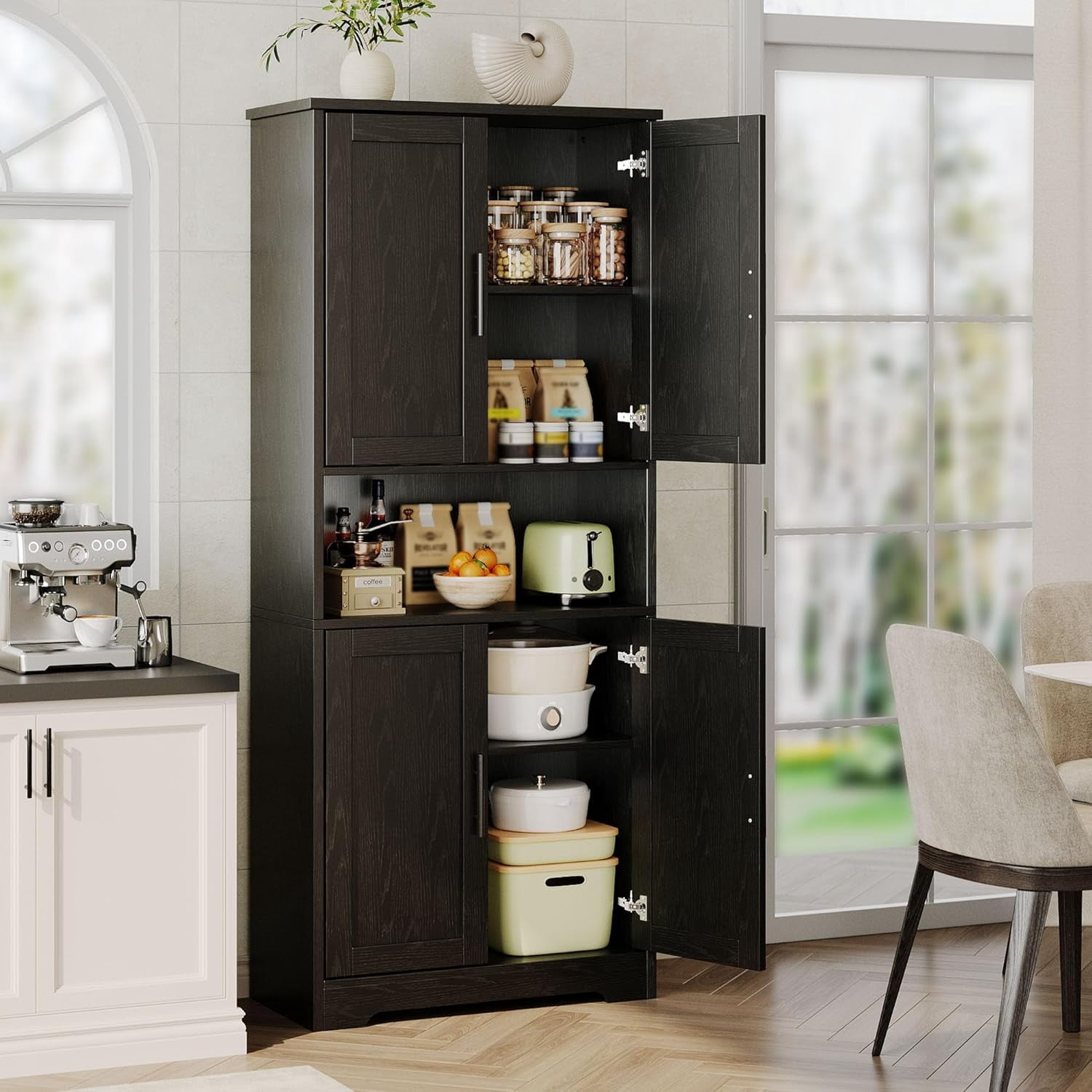 70-Inch Tall Kitchen Pantry Cabinet with 4 Doors and Adjustable Shelves, Freestanding Utility Hutch Cupboard, Black