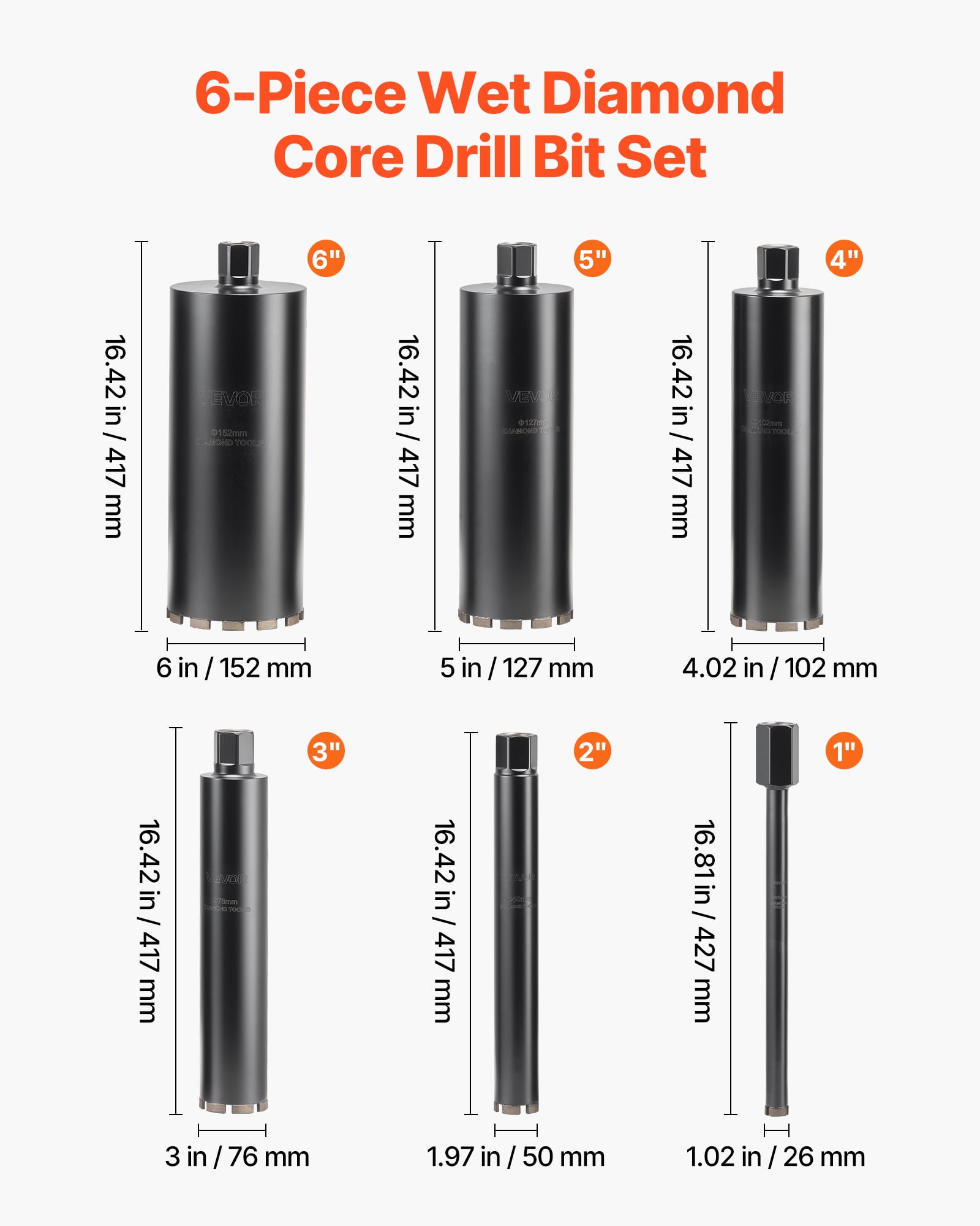 VEVOR Core Drill Bit, 6 Pieces, 1/2/3/4/5/6 inch Diameter, 14 in Drilling Depth, 1-1/4 in-7 Internal Thread, High-Precision Welding, Wet Diamond Core Bit for Reinforced Concrete, Bricks, and Masonry