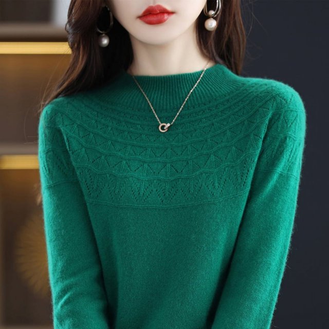 Suéter de punto de base corta con cuello alto y hueco para mujer, de pura lana sin costuras, confeccionado para otoño e invierno