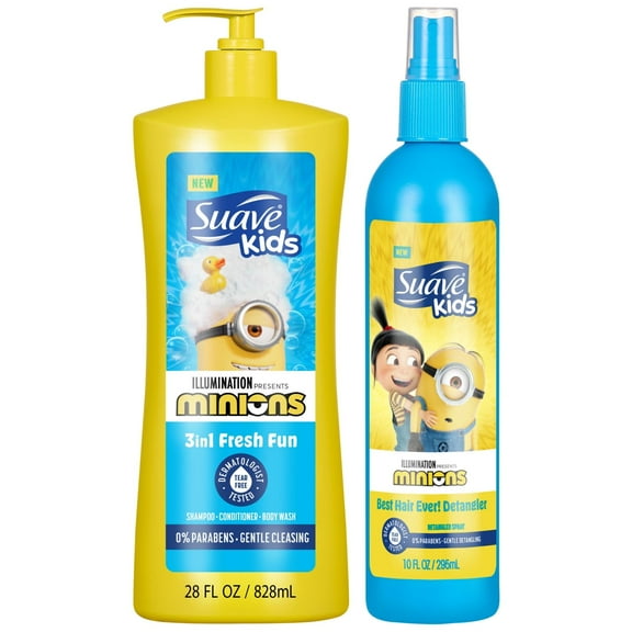 Suave Kids Minions 3-in-1 Shampoo Conditioner & Body Wash, Hair Detangler Spray & Slime Body Wash Set