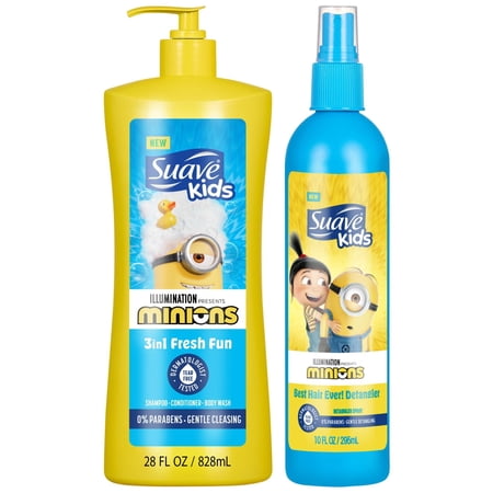 Suave Kids Minions 3-in-1 Shampoo Conditioner & Body Wash, Hair Detangler Spray & Slime Body Wash Set