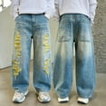 thumbnail image 6 of Coerni Trendy Jeans for Boys Loose Elastic Waist Straight Jeans Summer Blue & Yellow Ripped Denim Pants with Pockets, 6 of 9
