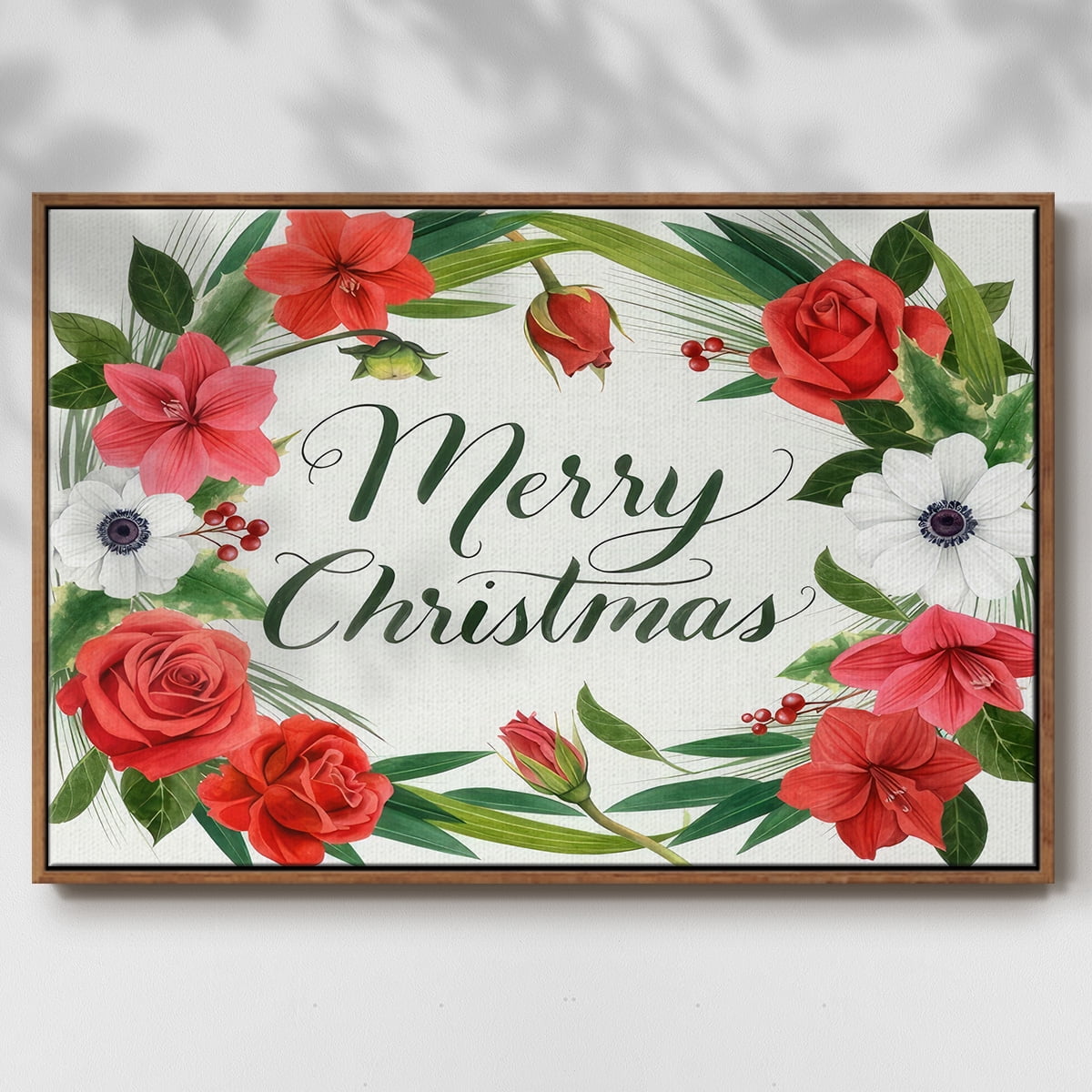Christmas Flora Wreath Collection A - Framed Gallery Wrapped Holiday Canvas - 27 x 41 - Rosewood Frame