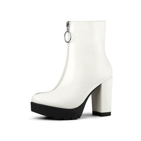 Women's Platform Front Zip Chunky Heel Ankle Boots White (Size 8)