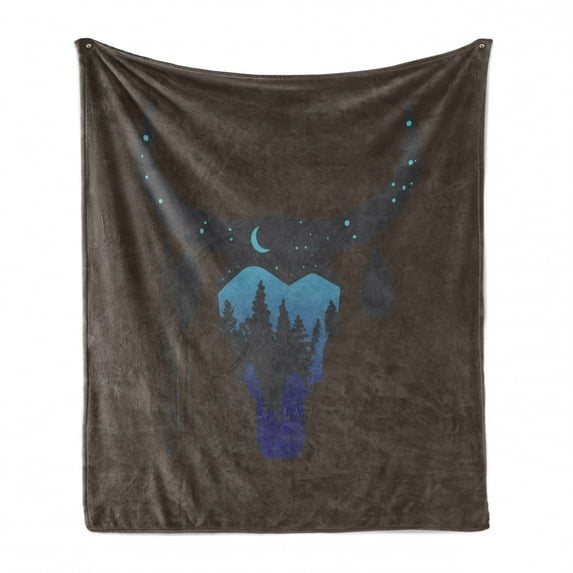 Ethnic Soft Flannel Fleece Blanket, Cow Skull Silhouette Forest Sky Moon Landscape Feathers Bohemian Wild, Cozy Plush for Indoor and Outdoor Use, 60" x 80", Umber Black and Pale Blue, by Ambesonne