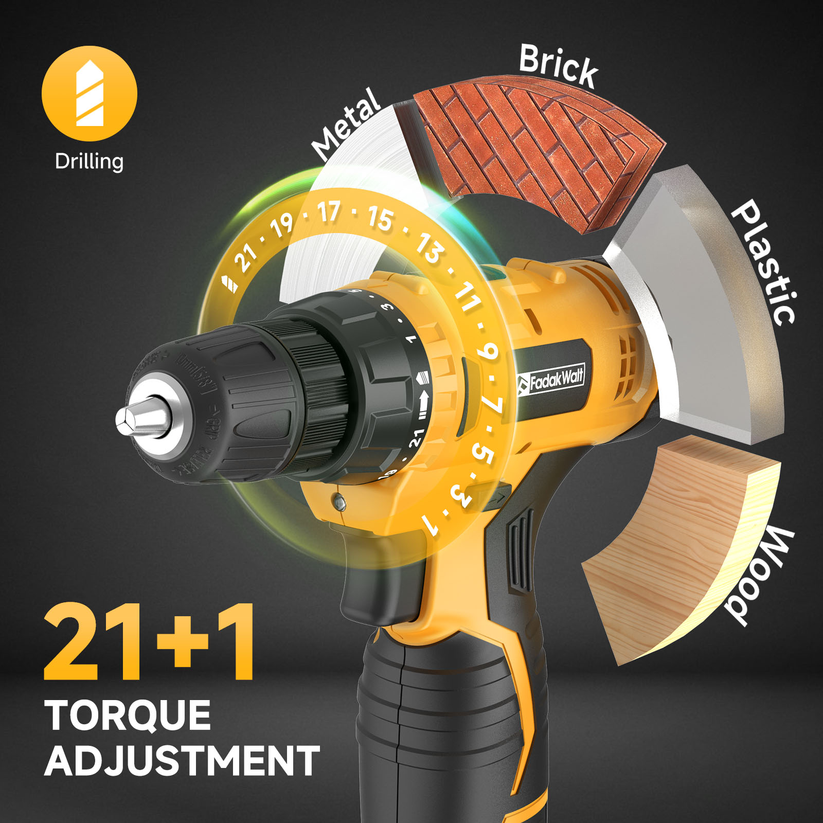 Fadakwalt 12V Cordless Drill Driver with Bits, Yellow photo 8