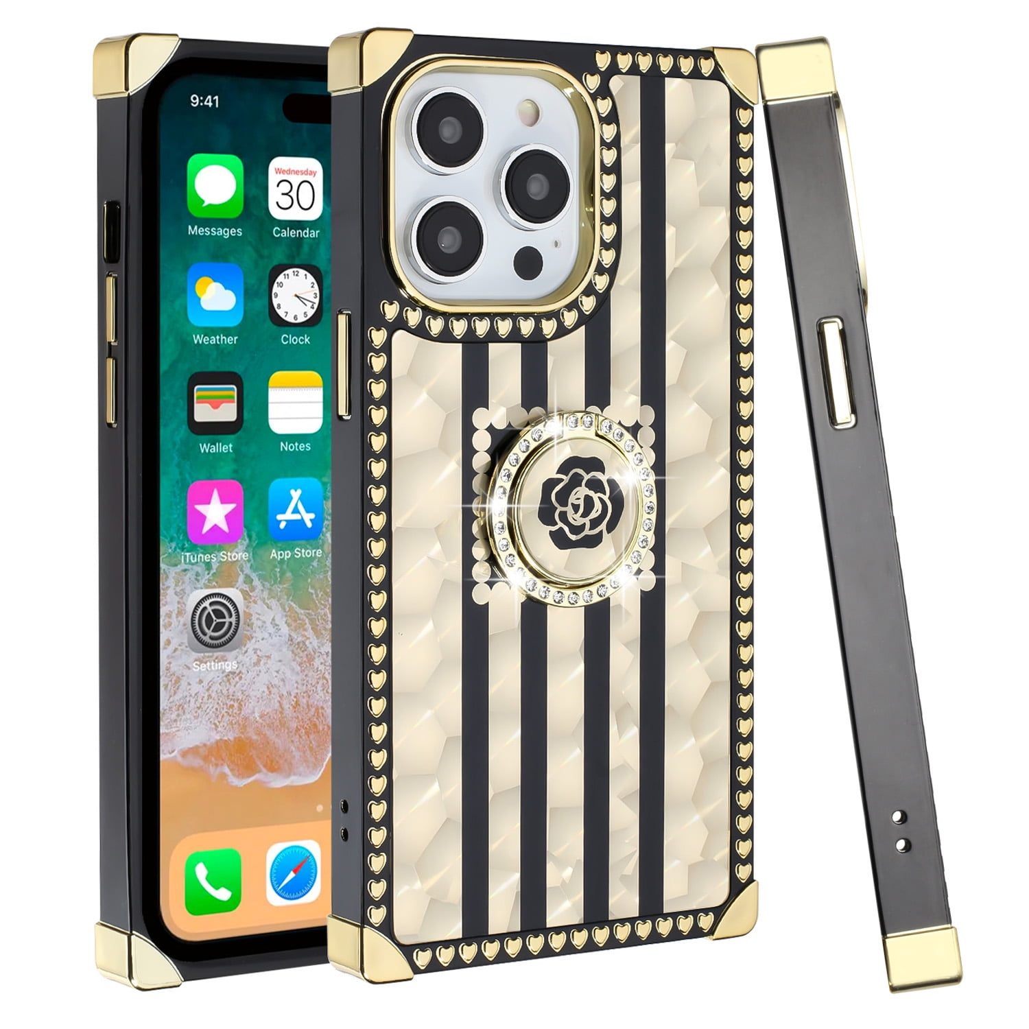 Glitter Bling Gold Leopard Square Case Cover For iPhone 13 Pro Max 12 11 XS  XR 8