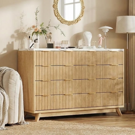 BouPower Fluted 8 Drawers Dresser for Bedroom, 54" Wide Modern Chest of Drawers, Curved Wood Storage Cabinet for Living Room, Hallway