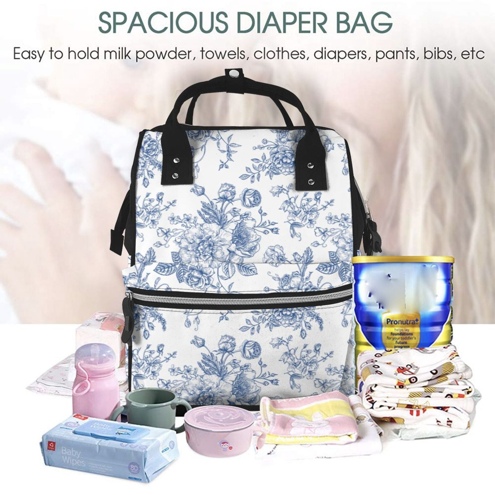 Ratiio Rose Flowers Mummy Backpack - Waterproof Twill Canvas, Large Capacity Diaper Bag with Multiple Pockets and Adjustable Straps