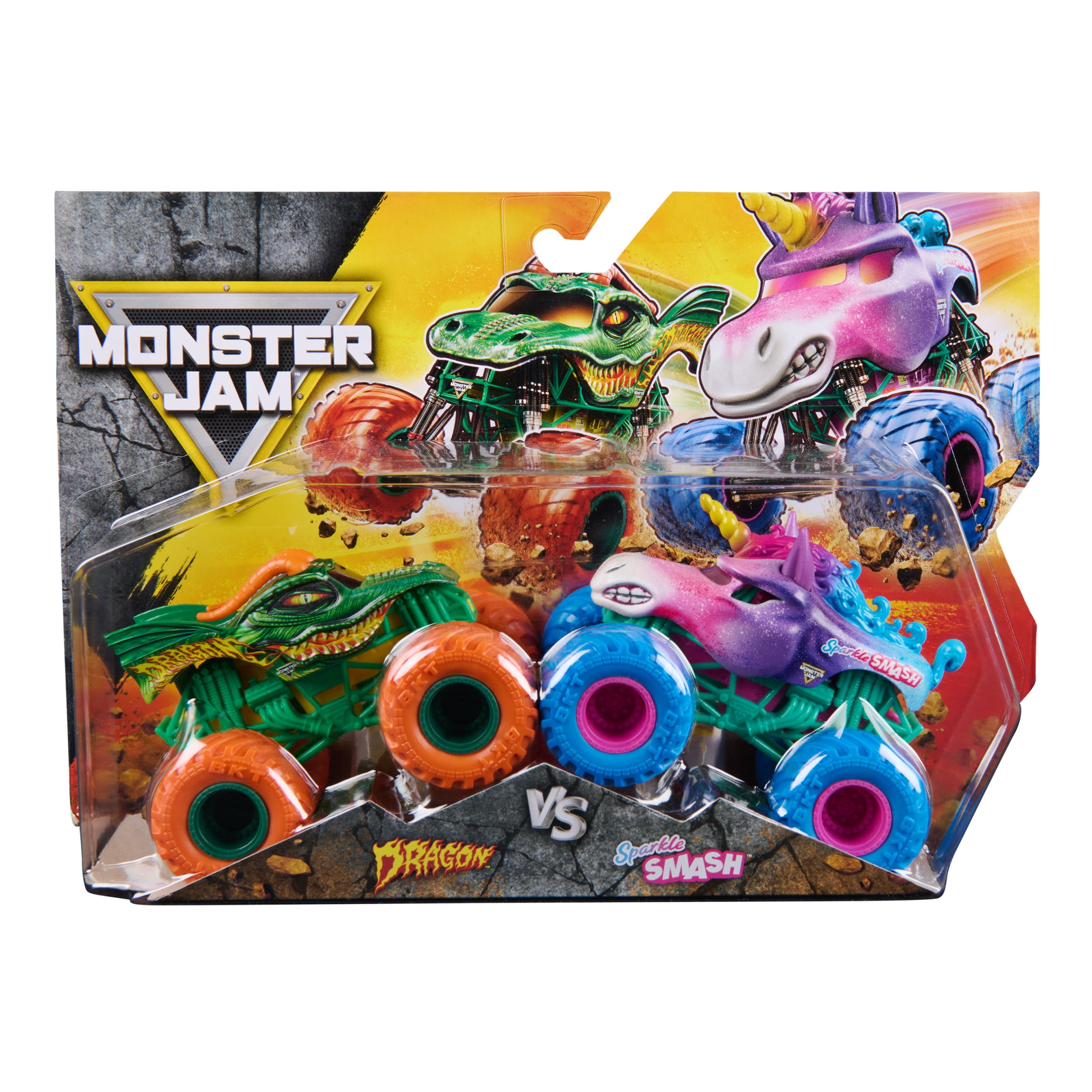 Monster Jam, Monster trucks en métal moulé Dragon Vs. Sparkle Smash, échelle 1:64, jouets pour garçons à partir de 3 ans