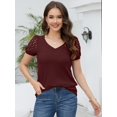thumbnail image 3 of SHOWMALL Women's Trendy Waffle Knit Blouse Puff Short Sleeve Hollow-Out Lace Tops Casual Loose Summer V Neck T Shirts, US Size 2XL, Wine Red, 3 of 8