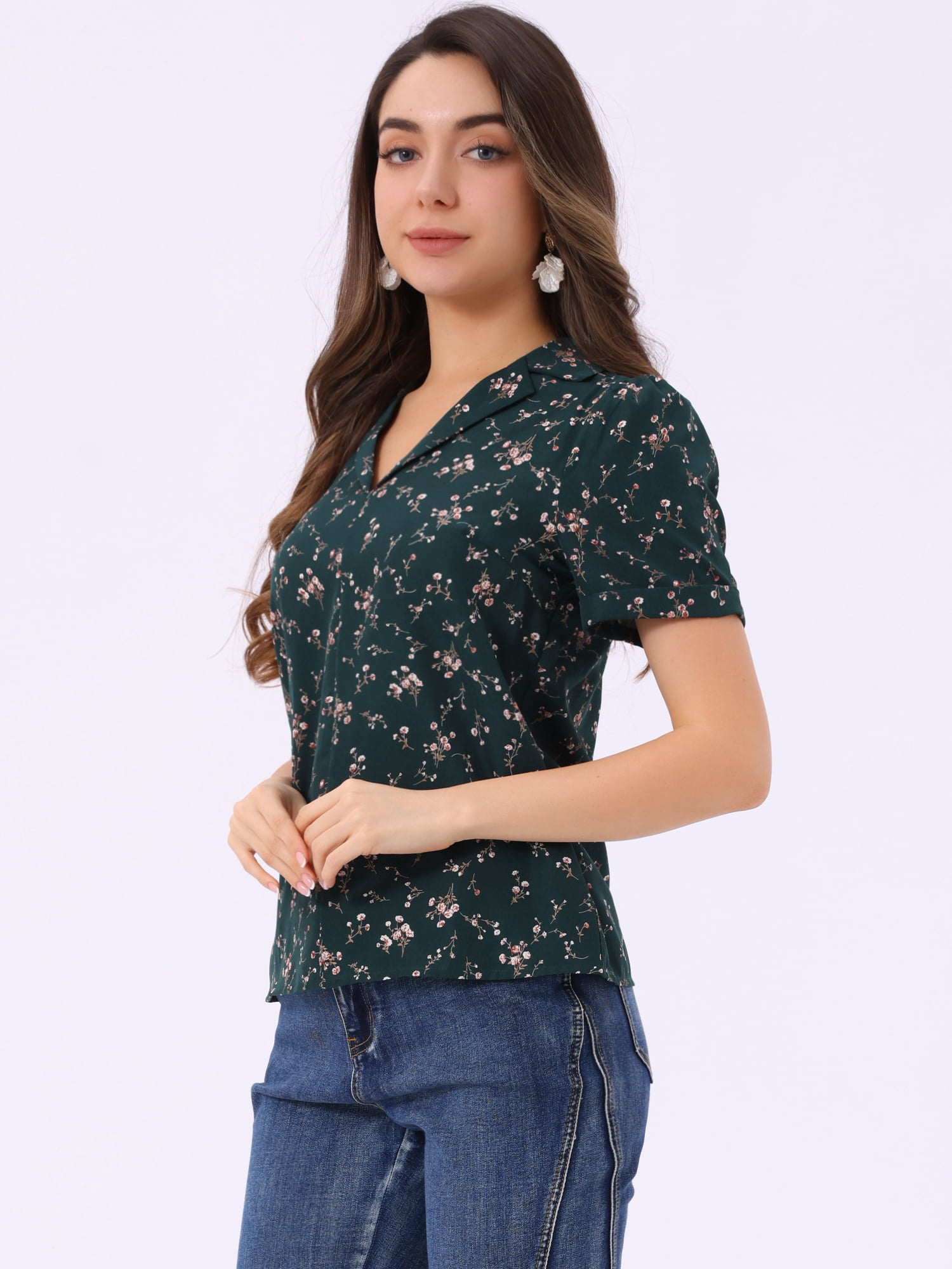 DARING DIVA Women's Floral Short Sleeve V Neck Blouses M Dark Green