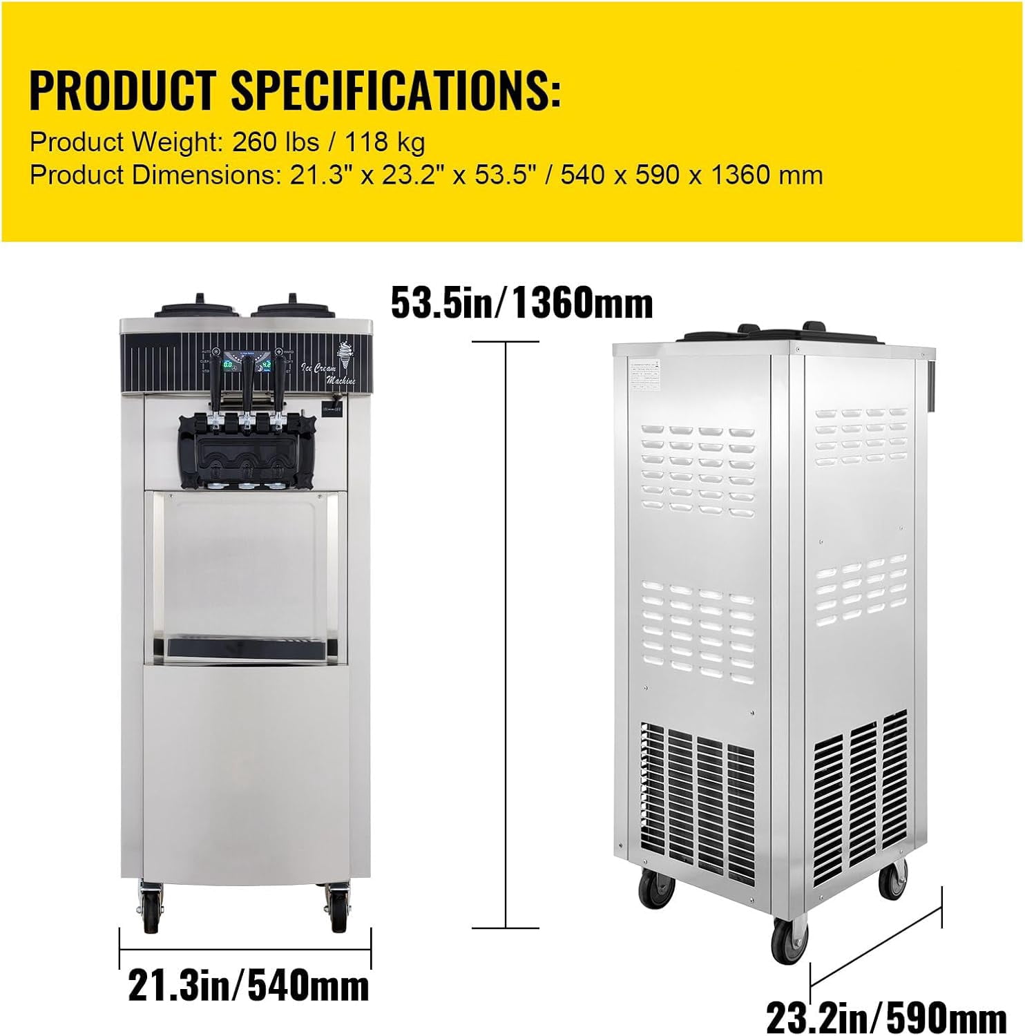SIHAO Commercial Ice Cream Machine, 2200W Countertop Soft Serve Machine, 3 Flavors Ice Cream Maker, 5.3 to 7.4 Gallons per Hour Auto Clean LCD Panel