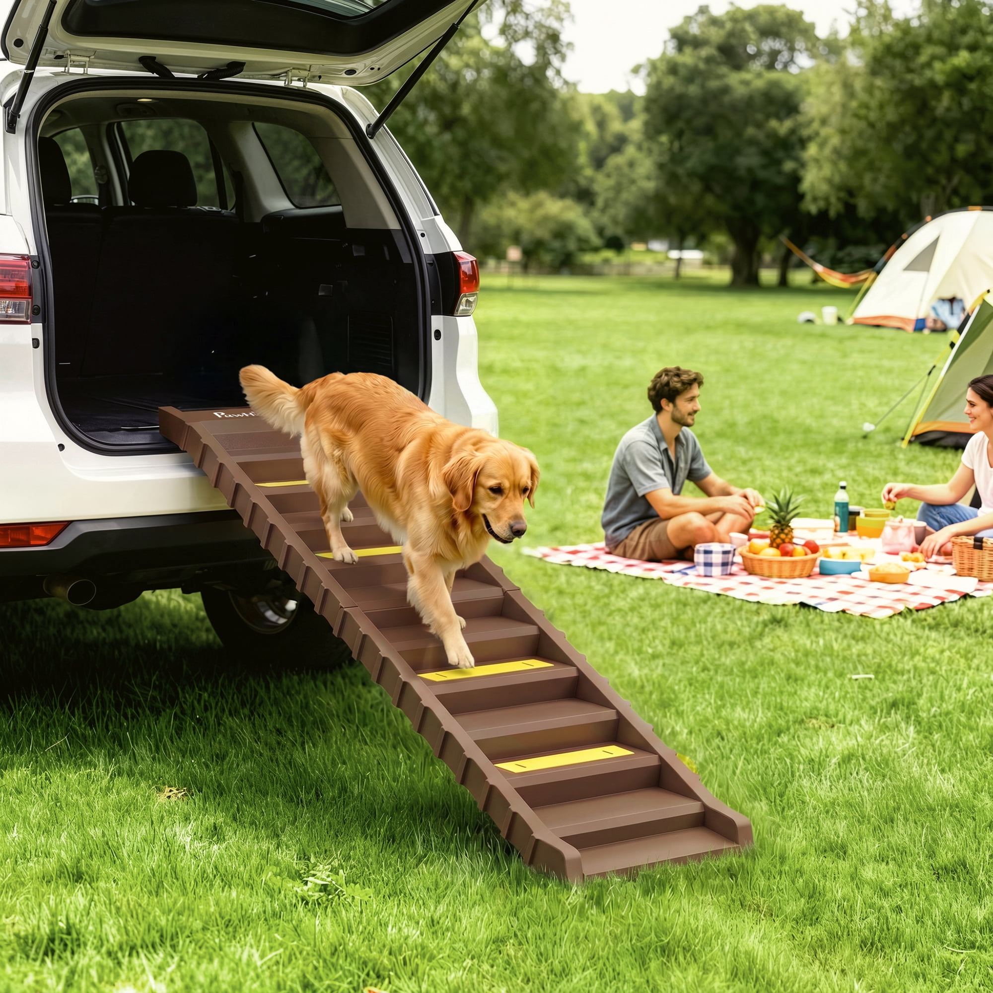 PawHut Dog Stairs for Car Truck SUV, Foldable Dog Ramp for Large Medium Small Dogs, Folding Pet Stairs with Non-slip Strips & Pads, Brown