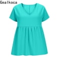 thumbnail image 2 of Gealkoca Womens T Shirts Ruffle Short Sleeve V Neck Casual Linen Tops Summer Fashion Clothes Women Linen Solid Color Pullover Pleated Beach Shirts, 2 of 4