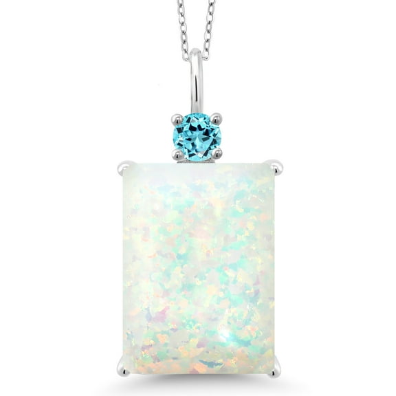 Gem Stone King 5.02 Cttw White Opal and Swiss Blue Topaz Pendant Necklace for Women | 925 Sterling Silver | Emerald Cut Cabochon 18X13MM | With 18 inch Silver Chain