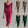 thumbnail image 2 of ClodeEU Women's Velvet Draped Neckline Long Sleeve Dress, Elegant Bodycon Ruched Party Dress Hot Pink,Womens Plus XXL, 2 of 7