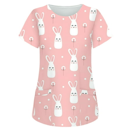 

Women Tops SUWHWEA Scrub Tops Women Short Sleeve Tops Working Easter Rabbit Printed Pocket Blouse on Clearance
