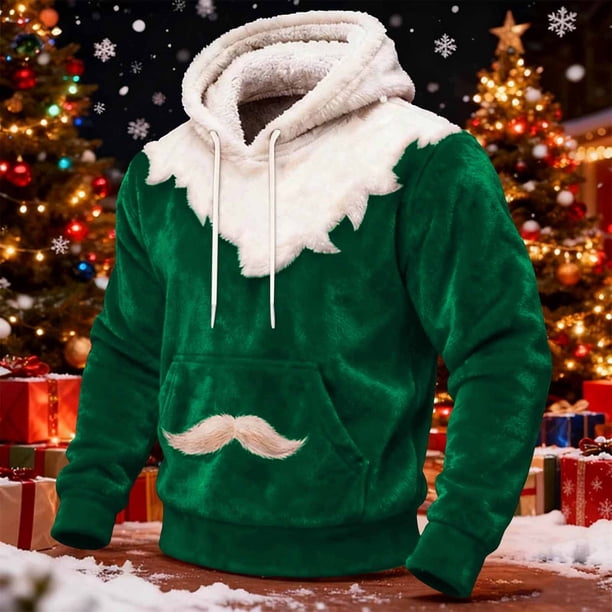 Ceisia Cozy Fleece-Lined Mens Loose Fit Santa Style Color Block Hooded Sweatshirt Gifts