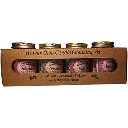 Fall Leaf Candles - 4 Pack Fall Assortment Mini Mason Jar Candles - 3.5 Oz Caramel Pecan, 3.5 Oz Mulled Cider, 3.5 Oz Pumpkin Spice, 3.5 Oz Macintosh Apple, By Our Own Candle Company