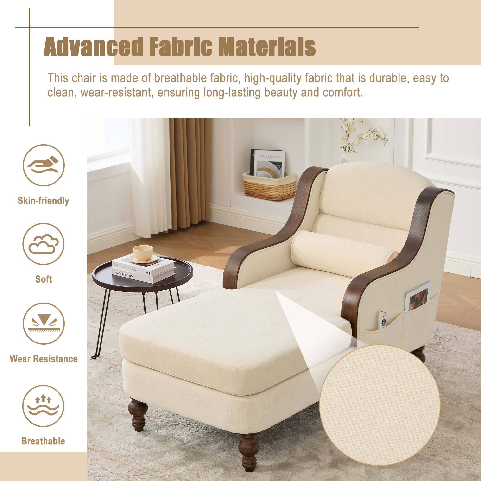 MOONMISS Chenille Upholstered Wood Frame Oversized Chaise Lounge with Side Pocket for Living Room,Bedroom-Beige