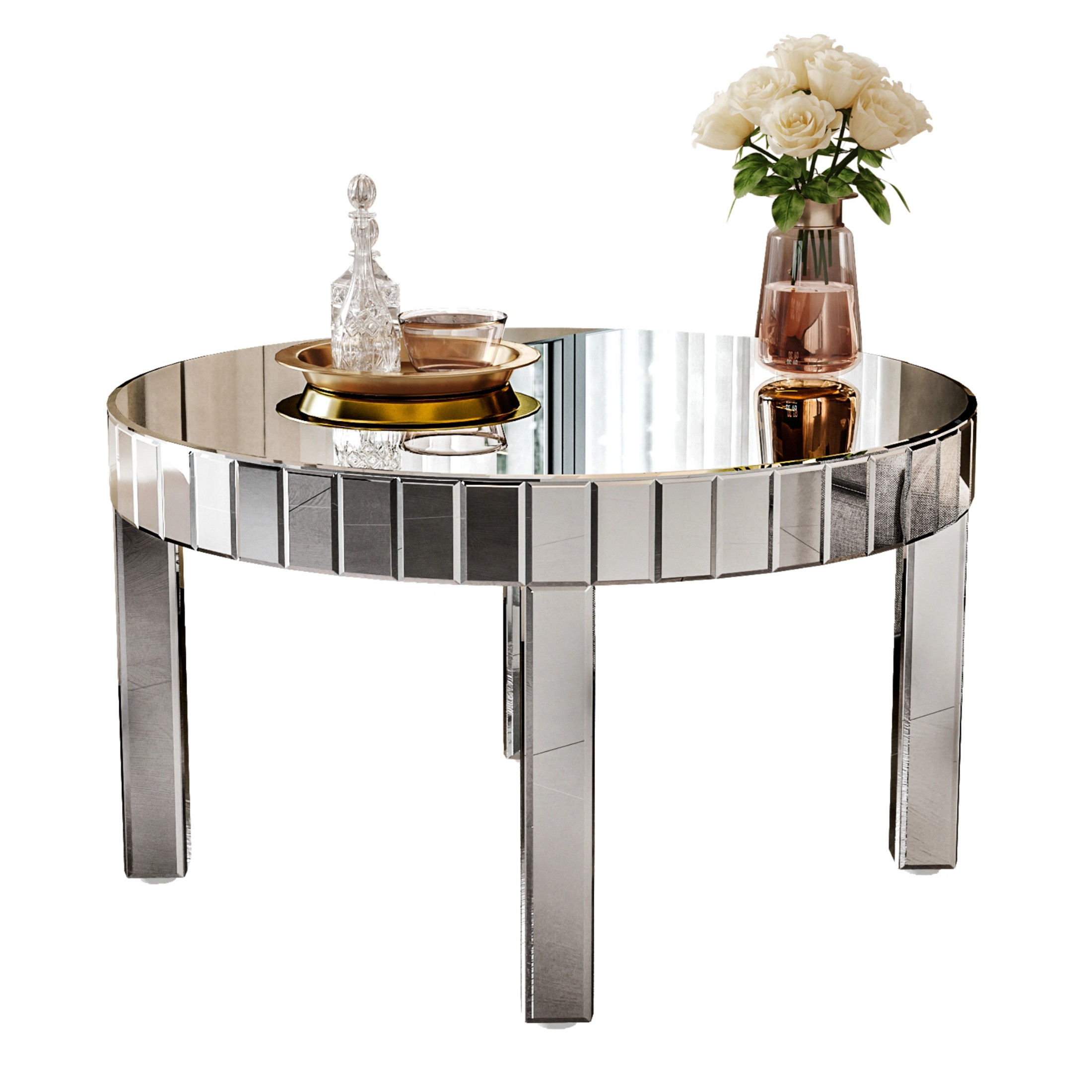 Noble House Dazzling Sliver Round Coffee Table with Fluted Mirror Design for Living Room, Luxury Sofa Center Table, Modern Home Decor, Silver