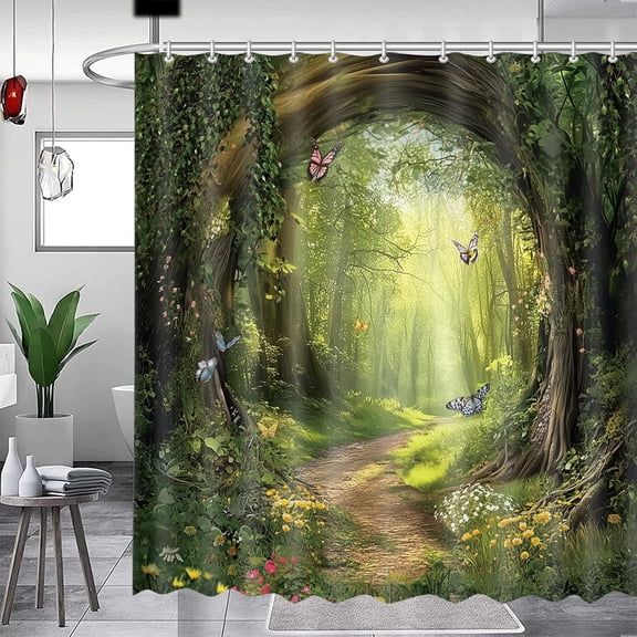 Forest Shower Curtain for Bathroom, Green Tree Butterfly Nature Spring Scenic Bath Decor, Nature Woodland Decorative Shower Curtain Waterproof Cloth Fabric with Hooks 60x72 in