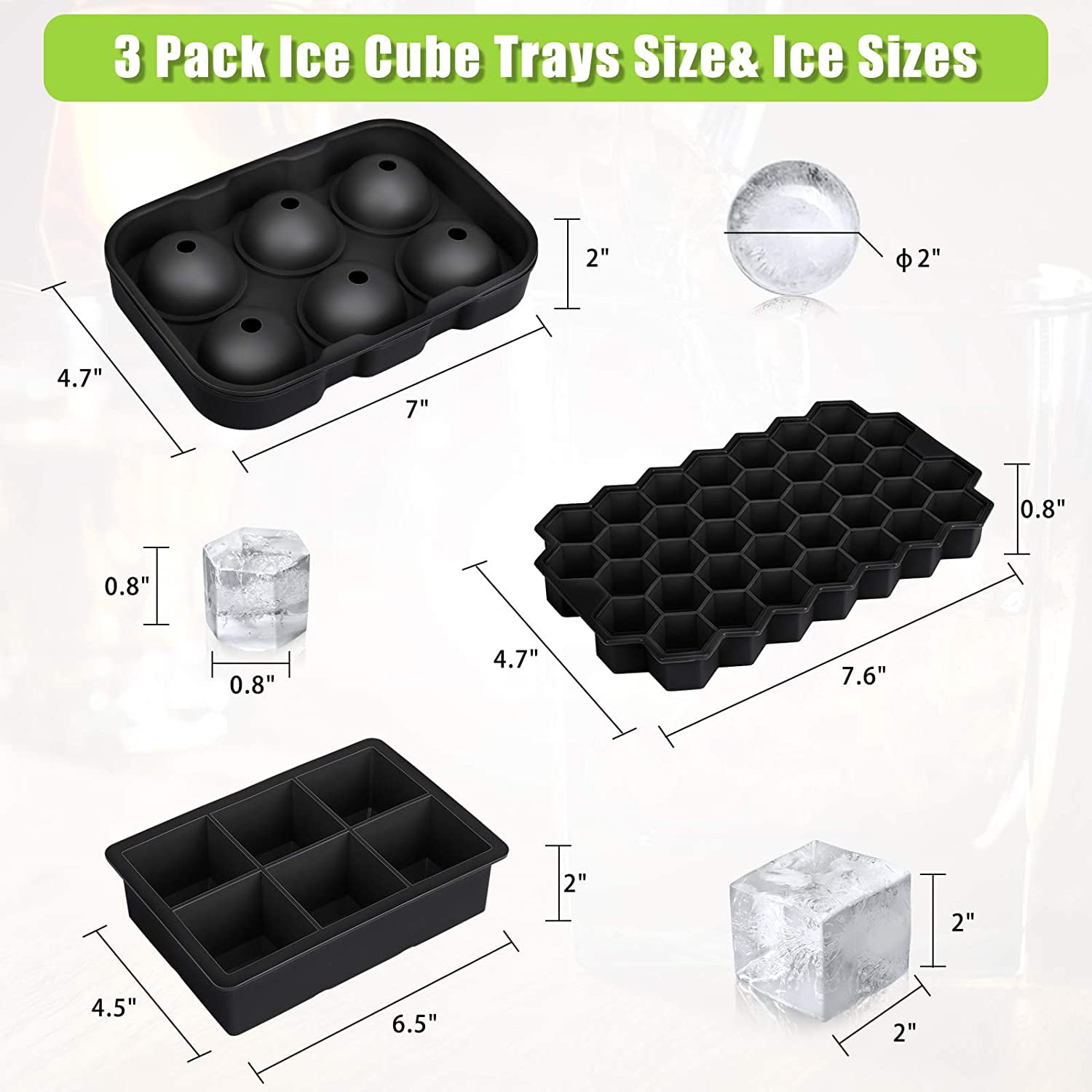 ALLTOP Large Square Ice Cube Trays,Giant Ice Block Maker with Lid for  Whiskey, Cocktails,Reusable Silicone Mold, DIY, BPA Free,Freezer - 2  Packs,Black