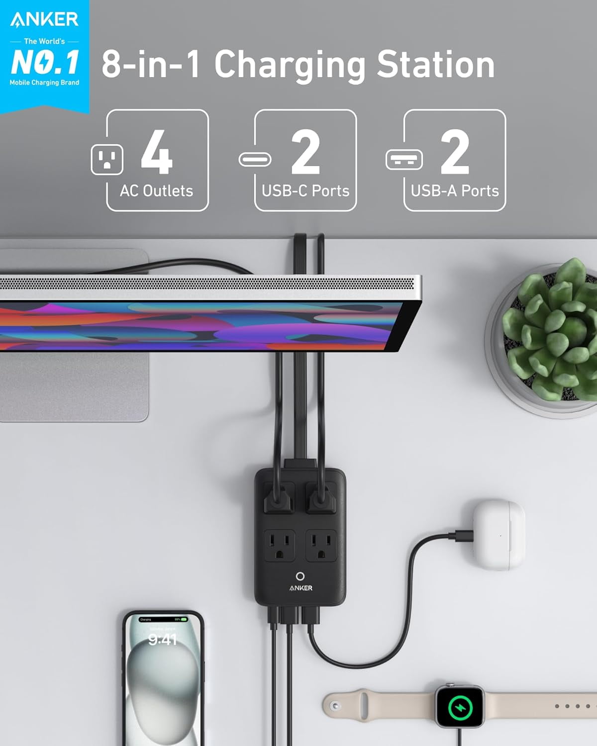 Anker Charging Station, 20W Max 8-in-1 USB-C Power Strip, 5 ft Thin Cord with 4 AC, 2 USB-A, and 2 USB-C Ports, Fast Charging Desktop Charger