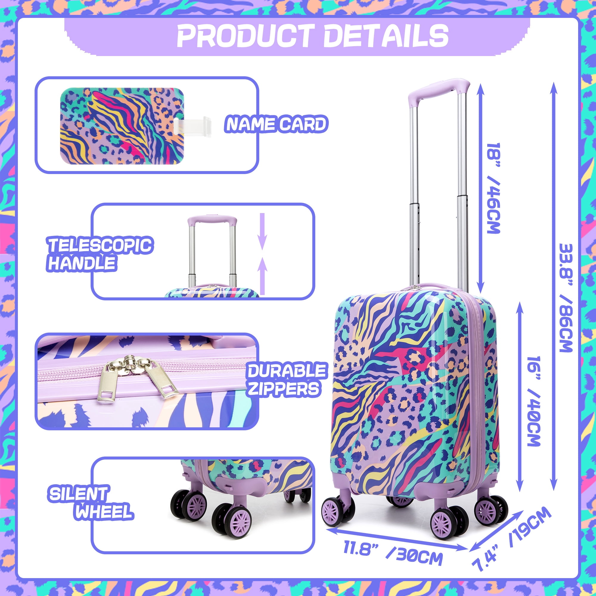 Kids Luggage Sets 5 Piece Toddler Suitcases with Wheels for Girls Women 16 inches Hardshell Suitcase Set with Travel Pillow for Airplane Travel Essential