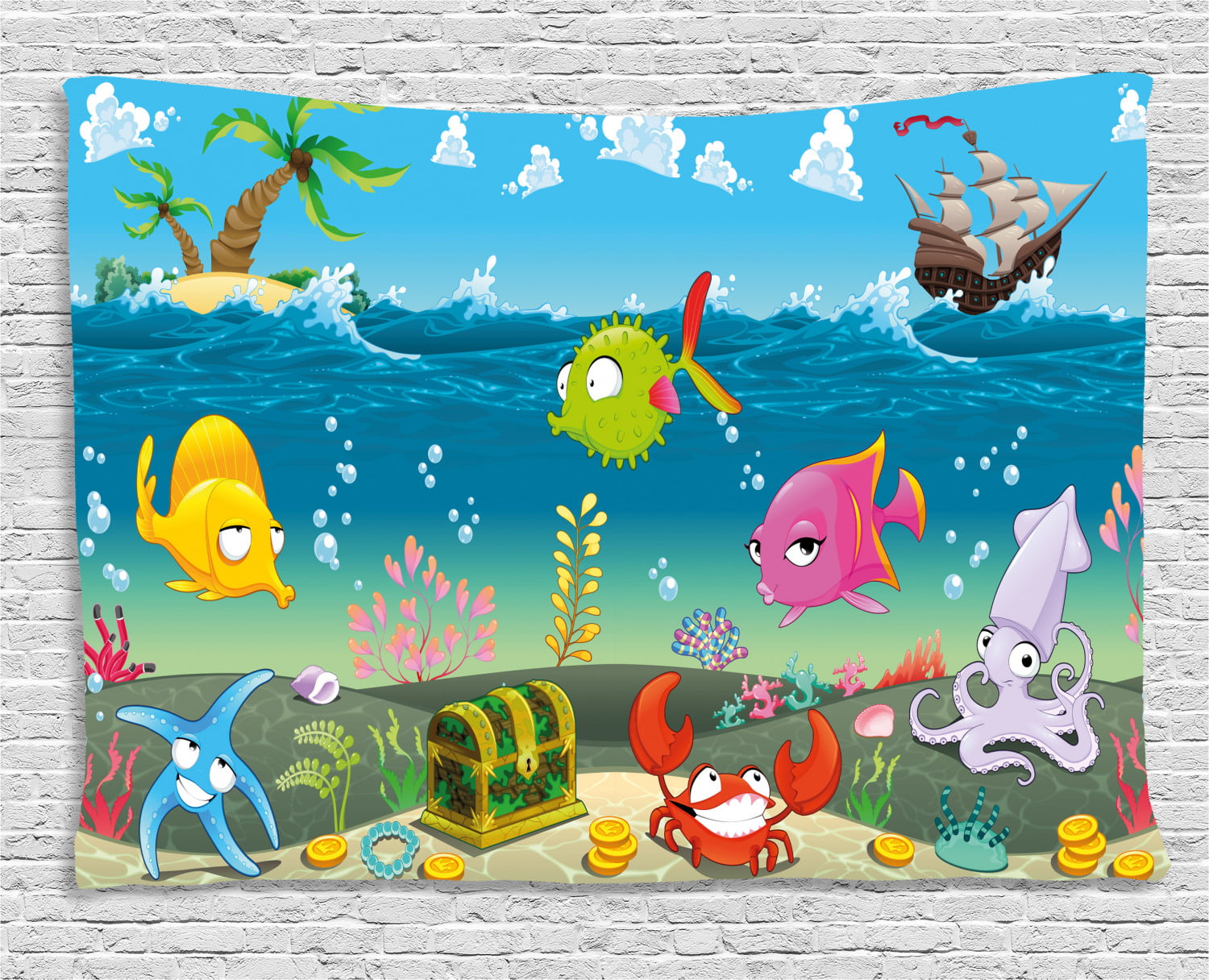 Kids Tapestry, Funny Sea Animals Underwater Ocean View with Sail Boat