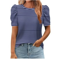 Womens Striped Puff Sleeve Tops for Summer Casual Trendy Holiday Resort Outfits Crew Neck Baggy Short Sleeve T-shirt