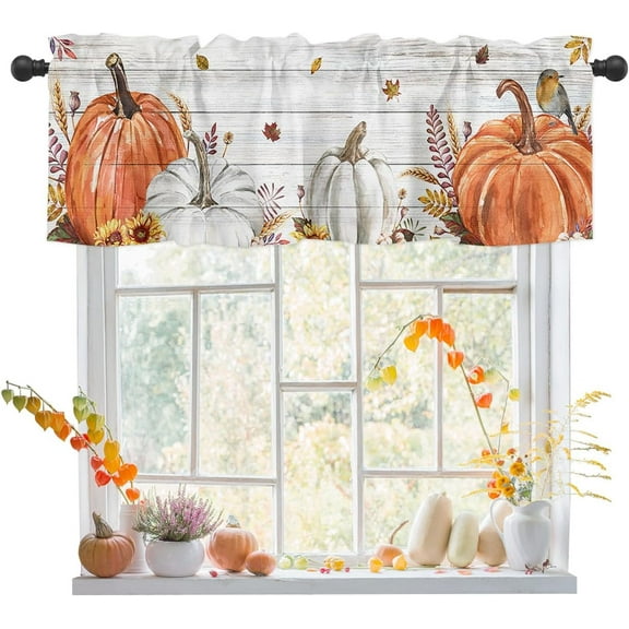 Thanksgiving Pumpkin Wood Grain Valances for Windows Fall Thanksgiving Orange Pumpkin Wood Grain Rod Pocket Short Window Valance Curtains Home Decor Window Treatment for Kitchen Living Room 54x18in