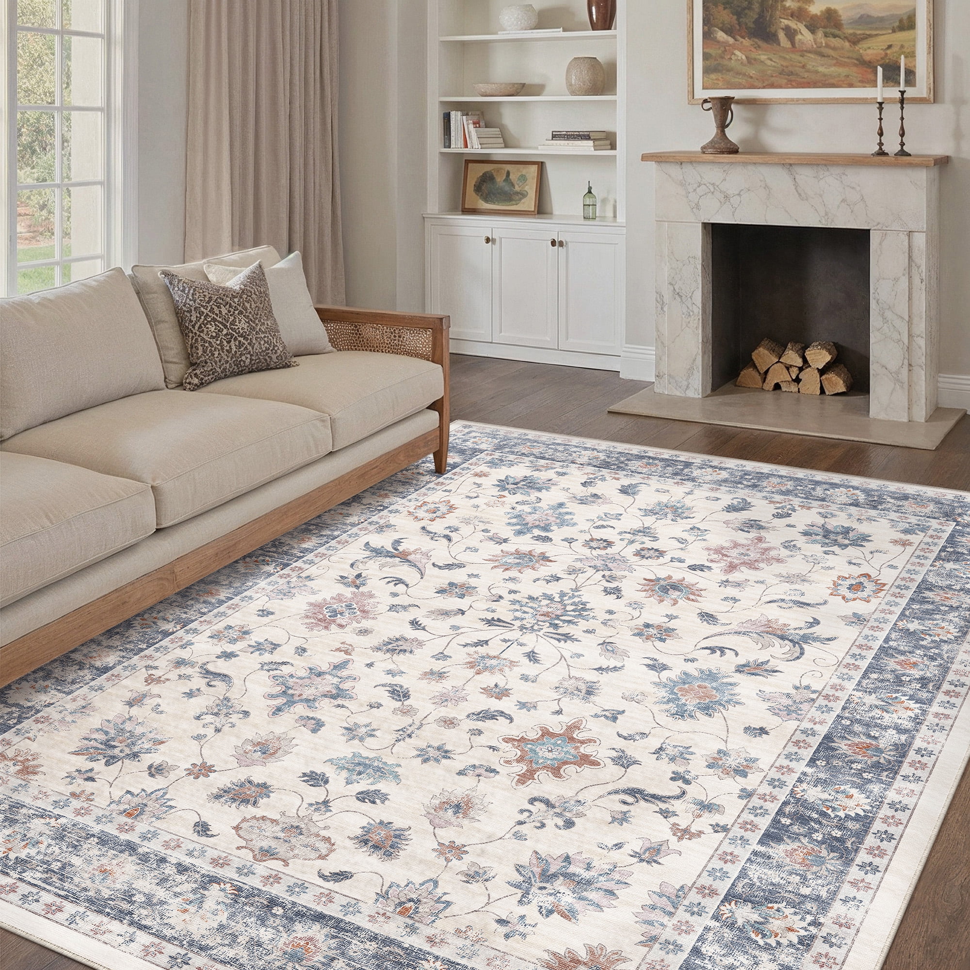 BERTHMEER 6'x9' Area Rugs for Living Room Bedroom Dining Room Farmhouse Oriental Vintage Floral Machine Washable Non-slip Rugs Carpets,Blue White
