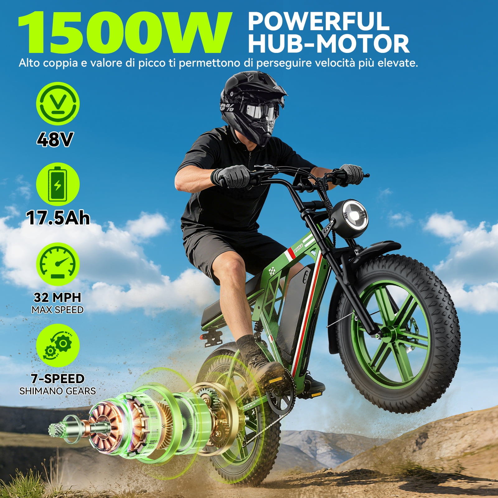 VortexRider 1500W Electric Bike for Adults, 20" Fat Tire E-Mountain Bikes, 48V 17.5Ah 32MPH Ebike for Adults Full Suspension UL2849
