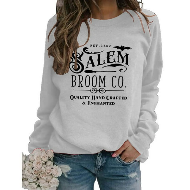EQWLJWE Chandails en Molleton Sorcière Halloween Femmes Surdimensionnés Imprimé Lettres T-Shirts Hauts Automne Vacances Manches Longues Col Rond Chandail Chandails en Molleton Automne pour Femmes