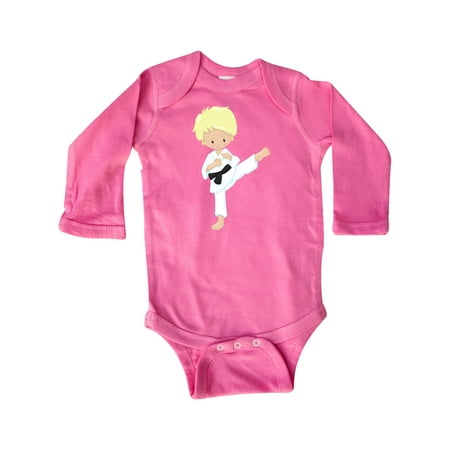 

Inktastic Cute Boy Blond Hair Karate Pose Black Belt Gift Baby Boy Long Sleeve Bodysuit